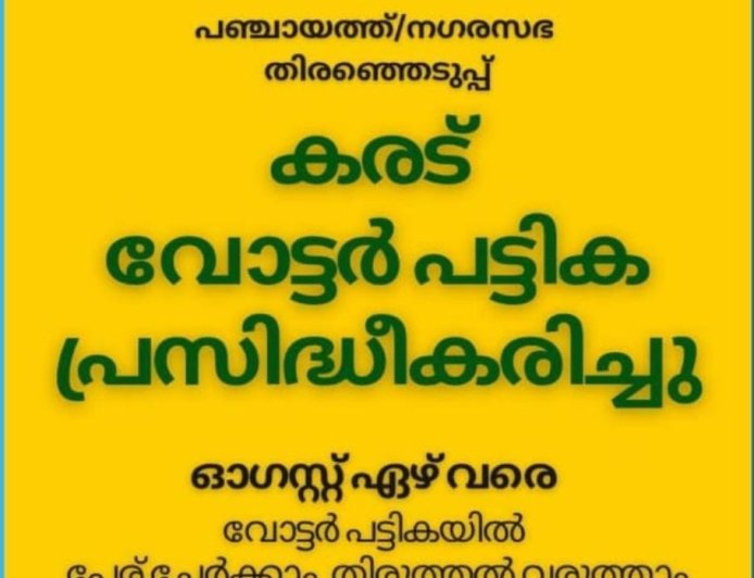 പഞ്ചായത്ത്, നഗരസഭ തിരഞ്ഞെടുപ്പുകൾക്കുള്ള കരട് വോട്ടർ പട്ടിക പ്രസിദ്ധീകരിച്ചു..