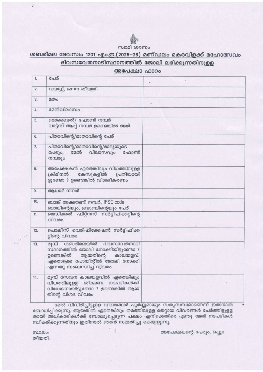 ശബരിമലയിൽ താൽക്കാലിക ജീവനകാരെ നിയമിക്കുന്നു