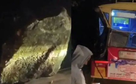കെഎസ്‌ആർടിസി ബസിന് മുകളിലേക്ക് പാറ അടർന്ന് വീണു; യാത്രക്കാരന് പരിക്ക്