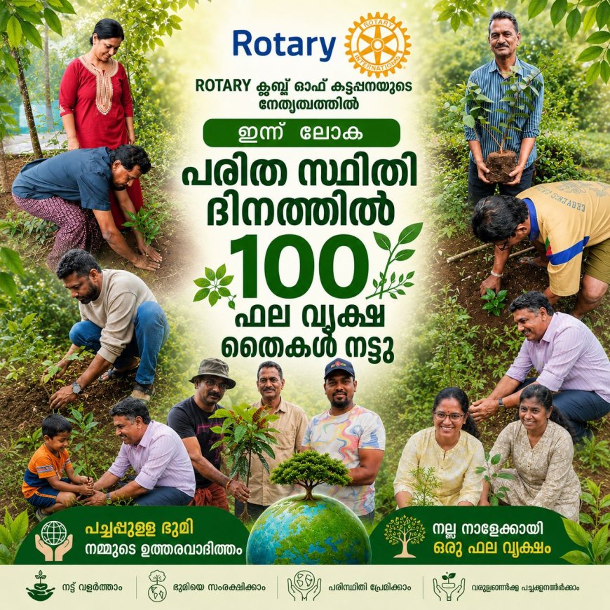 ലോക പരിസ്ഥിതി ദിനം : 100 ഫലവൃക്ഷ തൈകൾ നട്ട് റോട്ടറി ക്ലബ് ഓഫ് കട്ടപ്പന