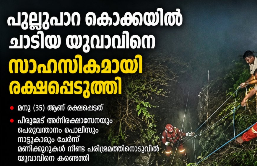പുല്ലുപാറ കൊക്കയിൽ ചാടിയ യുവാവിനെ സാഹസികമായി രക്ഷപ്പെടുത്തി