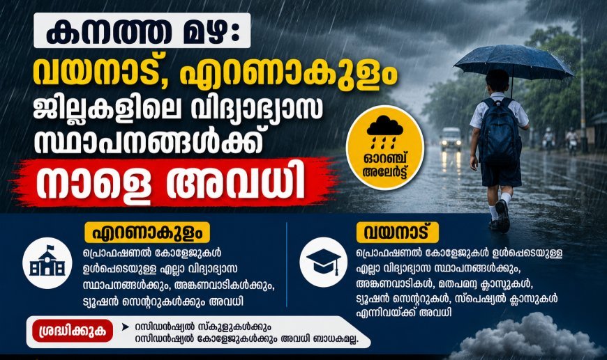 കനത്ത മഴ: വയനാട്, എറണാകുളം,കാസർഗോഡ് ജില്ലകളിലെ വിദ്യാഭ്യാസ സ്ഥാപനങ്ങൾക്ക് നാളെ അവധി