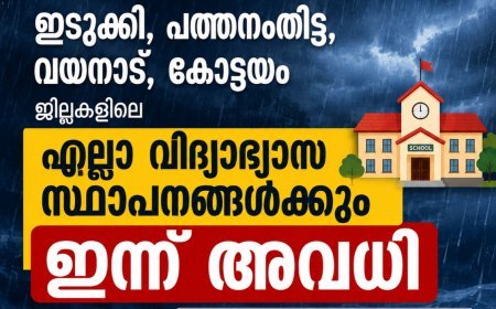 ഇടുക്കി, പത്തനംതിട്ട, വയനാട്, കോട്ടയം ജില്ലകളിലെ എല്ലാ വിദ്യാഭ്യാസ സ്ഥാപനങ്ങൾക്കും ഇന്ന് അവധി