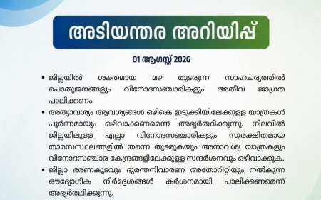 ശക്തമായ മഴ: ഇടുക്കിയിലേക്കുള്ള അനാവശ്യ യാത്രകൾ ഒഴിവാക്കണം; വിനോദസഞ്ചാരികൾക്ക് അതീവ ജാഗ്രതാ നിർദേശം