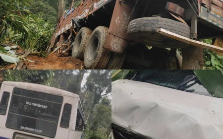 ടോറസ് ലോറി നിയന്ത്രണം വിട്ട്  കെ.എസ്.ആർ.ടി.സി. ബസിലും കാറിലും ഇടിച്ച് മറിഞ്ഞു
