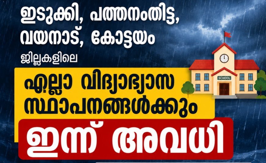 ഇടുക്കി, പത്തനംതിട്ട, വയനാട്, കോട്ടയം ജില്ലകളിലെ എല്ലാ വിദ്യാഭ്യാസ സ്ഥാപനങ്ങൾക്കും ഇന്ന് അവധി