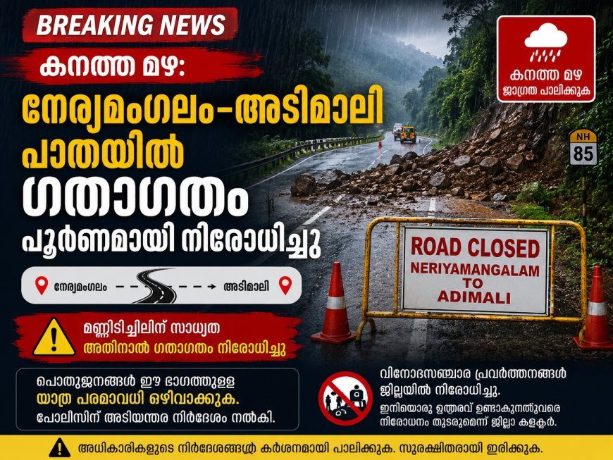 കനത്ത മഴ: നേര്യമംഗലം–അടിമാലി പാതയിൽ ഗതാഗതം പൂർണമായി നിരോധിച്ചു
