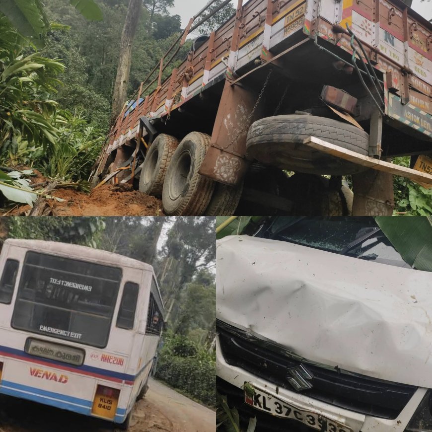 ടോറസ് ലോറി നിയന്ത്രണം വിട്ട്  കെ.എസ്.ആർ.ടി.സി. ബസിലും കാറിലും ഇടിച്ച് മറിഞ്ഞു