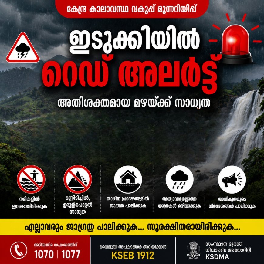 അതിശക്തമായ മഴ തുടരും; ഇടുക്കി ജില്ലയിൽ  ഉൾപ്പെടെ റെഡ് അലർട്ട് പ്രഖ്യാപിച്ചു